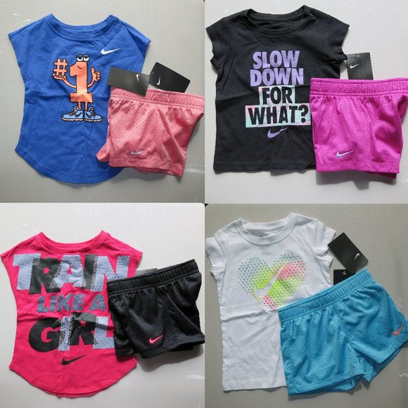Nike Girls Size 2T or 3T Mesh Shorts w/ T-shirts Black Pink Blue Peach NEW